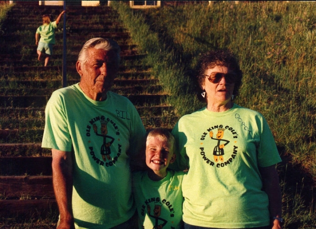 Bill and Dorothy Cole and their grandson get ready to climb the stairs to eat dinner.